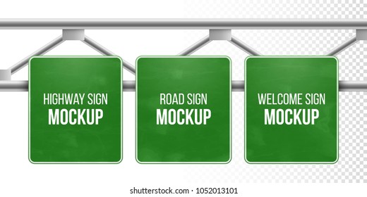 Classic green traffic information sign. Road direction sign for information or map. Blank board with place for text. Highway road sign mockup. Blank street sign mockup. Welcome city road board.
