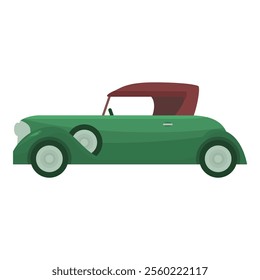 Classic green vintage car with red roof being driven on a sunny day