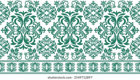 Um padrão clássico de damasco verde e branco com intrincados motivos florais e de trabalho de rolagem. O design apresenta um padrão repetitivo de elementos ornamentados, criando uma aparência atemporal e elegante. Este p versátil