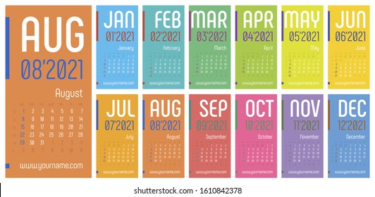 Classic gregorian calendar for 2021 year. Colored pages with creative font composition, rainbow. Week start sunday, elegant grid, english language. Editable vector template for web and print design.