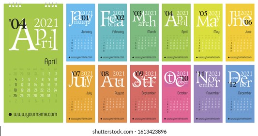 Classic gregorian calendar for 2021 year. Colored pages with creative font composition, rainbow. Week start sunday, elegant grid, english language. Editable vector template for web and print design.
