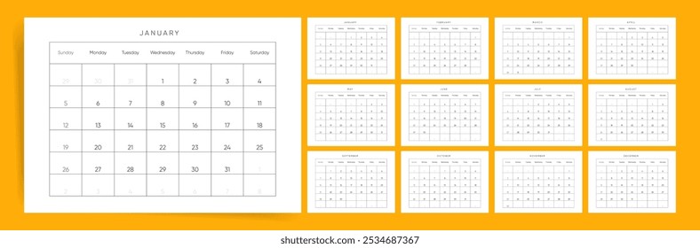 Classic Grid 2025 Calendário para parede e mesa. Calendar Design 2025 para Office e Home. Começa no domingo.