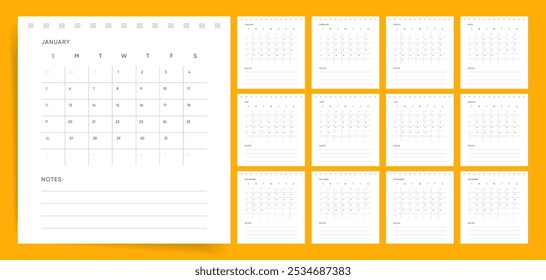 Classic Grid 2025 Calendar for Wall and Desk. Calendar Design 2025 for Office and Home. Starts on Sunday.