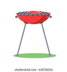 Classic grill with steak on cooking grades icon. Red charcoal grill with piece of meat on grid flat vector isolated on white background. Cooking traditional BBQ food illustration for picnic concepts