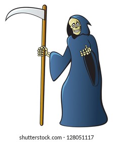 A classic grim reaper skeleton in a dark robe with a sickle.