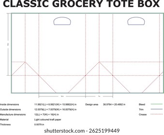 Classic Grocery Tote Box Blueprint Template With Dimensions For Packaging Design