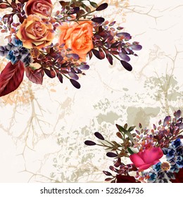 Classic grunge wedding or save the date card with beautiful pastel rose flowers