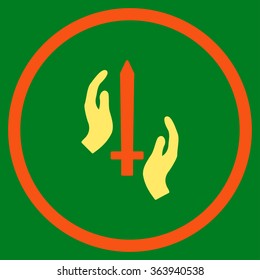 Classic Guard vector icon. Style is bicolor flat circled symbol, orange and yellow colors, rounded angles, green background.