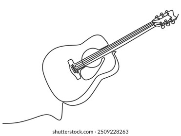 Guitarra clássica representada em um desenho de linha contínua. Ilustração vetorial minimalista representando um instrumento musical, desenhado à mão e isolado em branco.