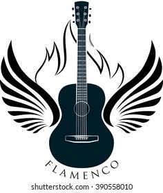Classic guitar emblem with wings, fire and caption FLAMENCO