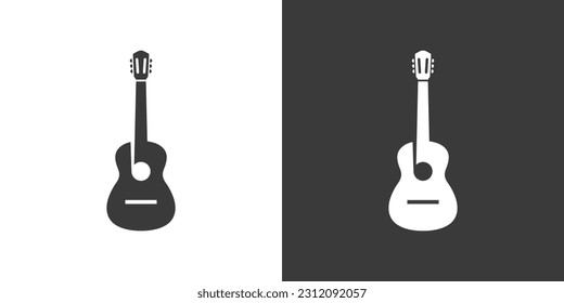 Icono de la guitarra plana. Diseño del logo de la guitarra. Instrumento de cuerda simple símbolo de silueta de signo de guitarra con color invertido. Diseño vectorial de iconos sólidos de guitarra. Concepto de instrumentos musicales