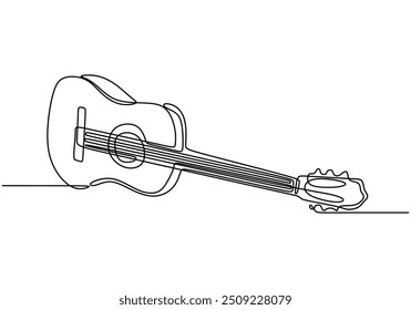 Classic guitar illustrated in a continuous line drawing. A minimalist vector illustration of a music instrument, hand drawn and isolated on white.