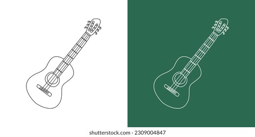 Classic guitar line drawing cartoon style. String instrument guitar clipart drawing in linear style isolated on white and chalkboard background. Musical instrument clipart concept, vector design