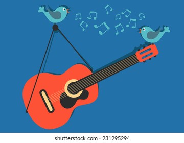 Classic guitar with singing birds vector music concept 