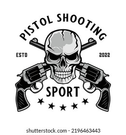 klassisches Logo-Design zwei Pistole-Konzept mit Schädel in der Mitte, für Schießübungen, Reparatur oder Waffengeschäft.