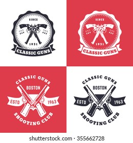 Classic guns, vintage emblems, badges with crossed revolvers, pistols, isolated t-shirt print, design, vector illustration