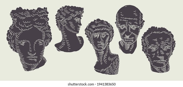 Classic gypsum head statue background concept. Vector statue collection. Hand drawn vector doodle illustration.