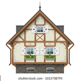 Classic half timbered house. German traditional architecture. Fabulous hut. Vector graphics. Alpine chalet.