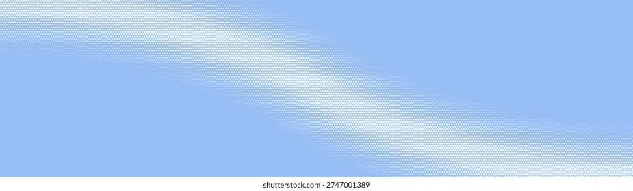 Classic halftone retro style graphic pattern curved border ultra wide 32:9 aspect ratio white blue vector abstract background. Half tone dots panoramic ultrawide translucent design element