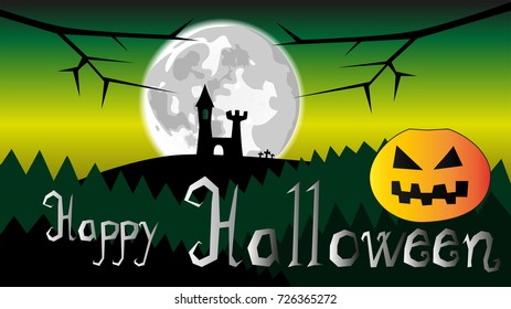 classic halloween background with moon, palace, forest, branches and pumpkin vector in green, black and orange colors