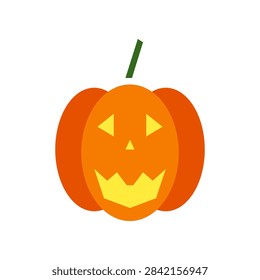 Classic Halloween carved pumpkin with triangular eyes and toothy grin glowing isolated on white.