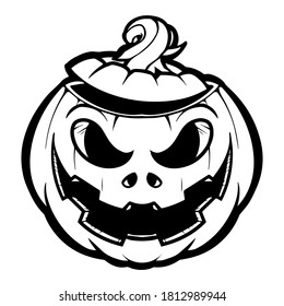 Classic halloween character jack o lantern the pumpkin. with an emotional stare. black and white