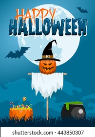 Classic Halloween design with a scarecrow, witch caldron, candies and bats flying at the full moon