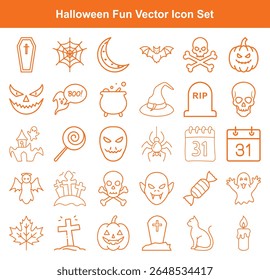 Classic Halloween icons are illustrated in orange line art; various spooky elements like pumpkins, ghosts, bats, and skulls give this transparent image a seasonal feel.