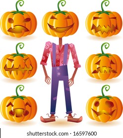Classic halloween pumpkins set plus one scary scarecrow.