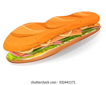 Classic Ham And Butter French Sandwich Icon/
Illustration of an appetizing cartoon fast food sandwich icon, with ham slices, butter, cheese, salad leaves and french loaf, for takeout restaurant