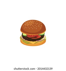 Klassischer Hamburger mit Rindfleisch, Pickles, Tomaten, Käse und Salat. Einzeln Symbol für Fast Food für das Menü oder Web. Flaches Cartoon, Vektorgrafik