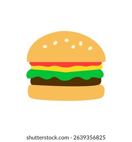 A classic hamburger with bun, lettuce, cheese, and patty, rendered in bold flat design. Perfect for fast food, menus, or snack visuals.