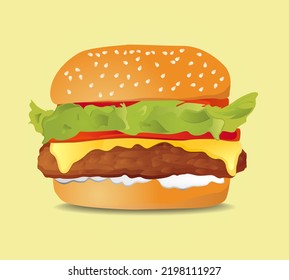 Classic Hamburger Isolated Illustration With Lettuce, Cheese And Tomato