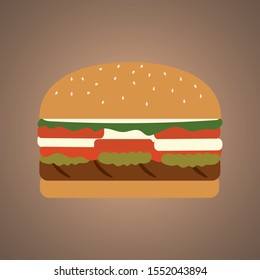 Classic Hamburger with Lettuce Tomato Onion Cheese Pickle Beef Mustard Sauce and Ketchup Sauce, American Fast Food.