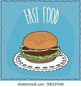 Classic hamburger with onion, steak and lettuce, lie on a lacy napkin. Blue background and lettering Fast food. Handmade cartoon style. Vector illustration