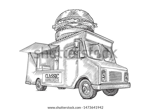 Classic hamburger vintage food truck vector\
black and white line art\
illustration.