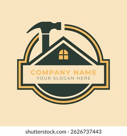 Classic hammer house logo with window, circular frame, construction design, real estate icon, modern branding, company symbol, professional graphic