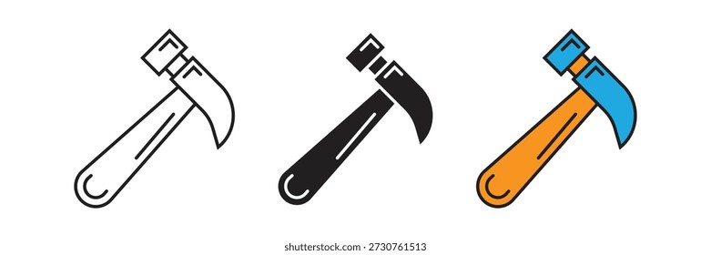 Ícones de martelo clássico que representam carpintaria, trabalho de construção, reparação doméstica e trabalho manual, disponível em contorno, estilos planos sólidos e coloridos.
