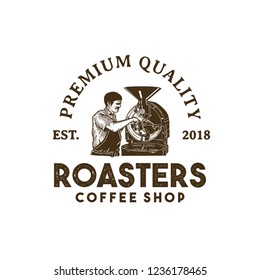 Classic Hand Drawing of People Roasting Coffee in Badge Logo Vector