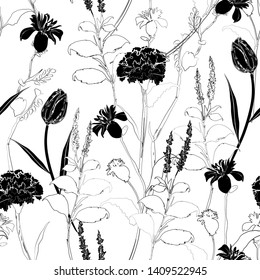 Classic hand drawing sketch carnation black and white seamless pattern vector design for fashion,fabric,wallpaper,web and all prints 