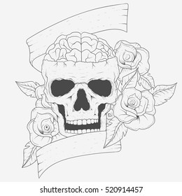 Classic hand drawing skull with flowers and white background