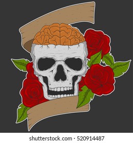 Classic hand drawing skull with red flowers and dark background