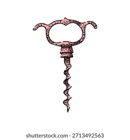 Klassischer handgezeichneter Korkenzieher mit einer ausgeprägten rosa Farbe und schwarzen Umrissen, der ein traditionelles Küchengerät zum Entkorken von Flaschen und Genießen von Getränken darstellt