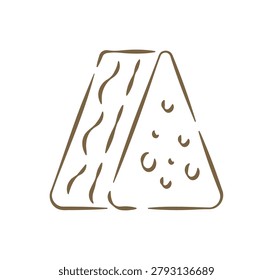 A classic hand drawn doodle of a grilled cheese sandwich, cut into a triangle shape showing the melted cheese. comfort food vector illustration is great for a cafe menu, a lunch icon, a snack bar sign