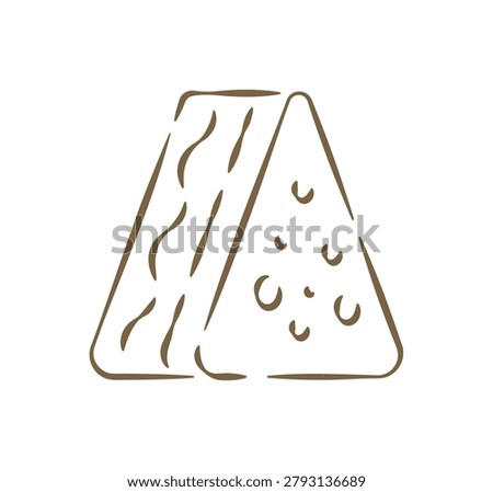 A classic hand drawn doodle of a grilled cheese sandwich, cut into a triangle shape showing the melted cheese. comfort food vector illustration is great for a cafe menu, a lunch icon, a snack bar sign