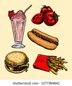 Classic hand drawn sketch with milkshake, hot dog, burger and french fries isolated on white background. Vector illustration.  