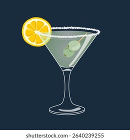 Classic hand drawn vector cocktail with lemon and olive garnish and salt on the glass rim