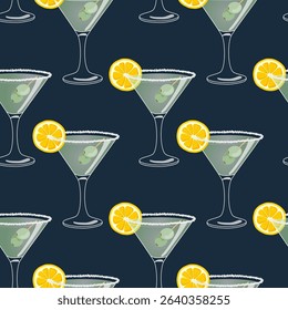 Classic hand drawn vector cocktail with lemon and olive garnish and salt on the glass rim, seamless pattern