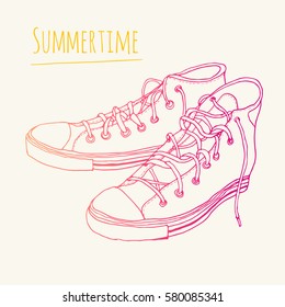 Classic hand drawn vintage hipster sneakers isolated on white background. Vector illustration, sketch style, fashion design icon. Orange, pink, magenta gradient. Shoes for running, travel. Summertime