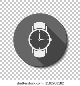 Classic hand watch with arrows, icon. flat icon, long shadow, circle, transparent grid. Badge or sticker style